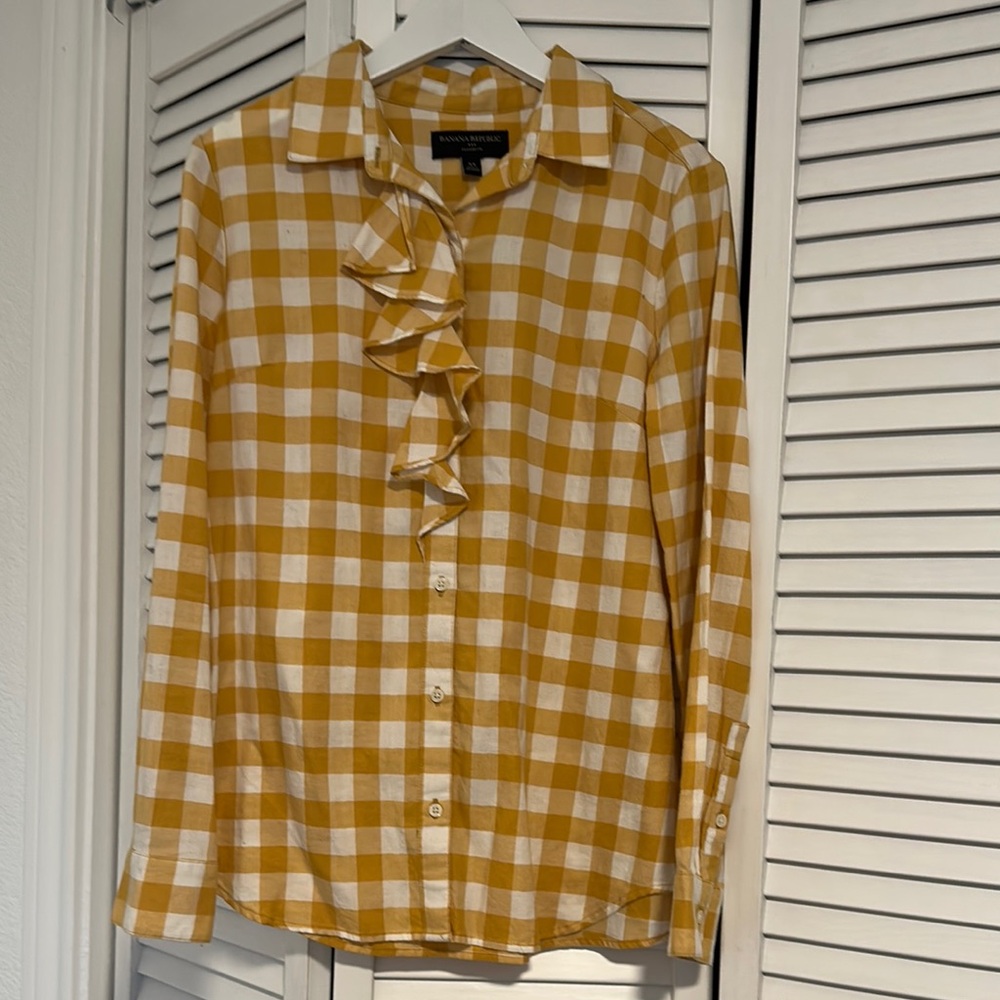 Banana Republic Mustard Checkered Ruffle Shirt